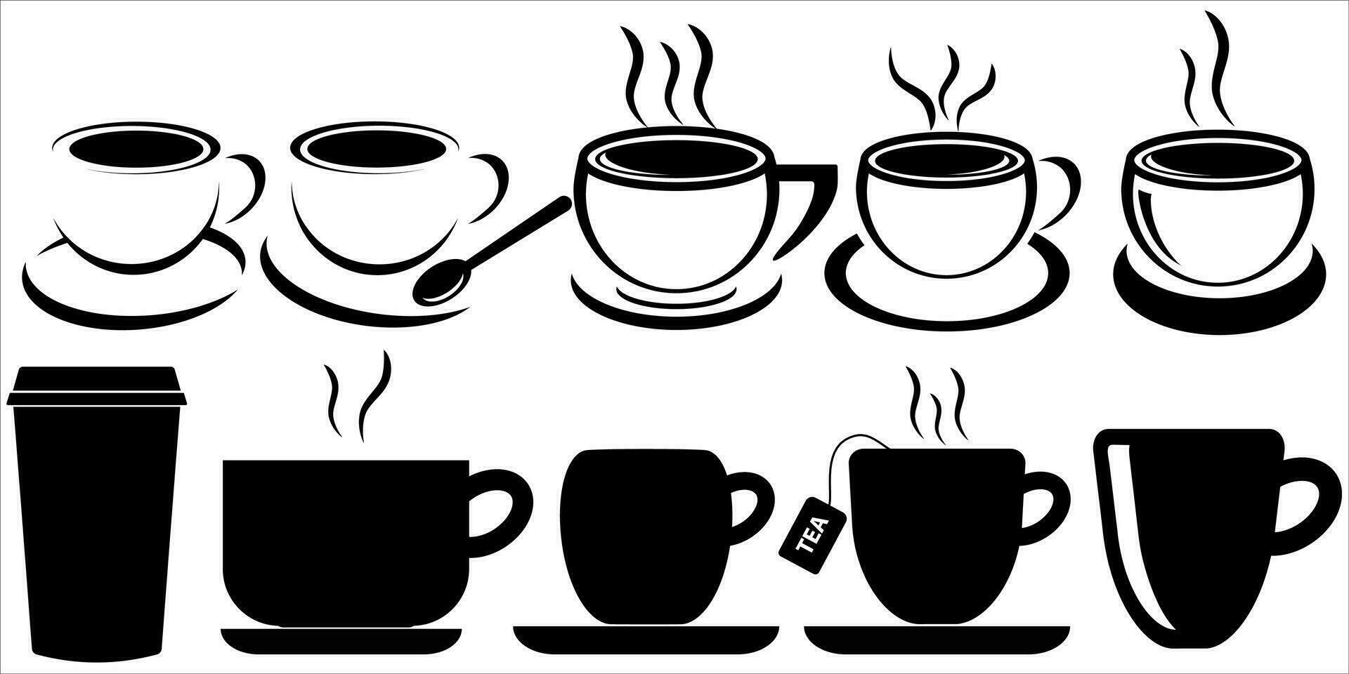 Collection of cups. Disposable coffee and tea cups. Realistic 3D illustrations of cups with saucers. Black and white colors design. Vector illustration