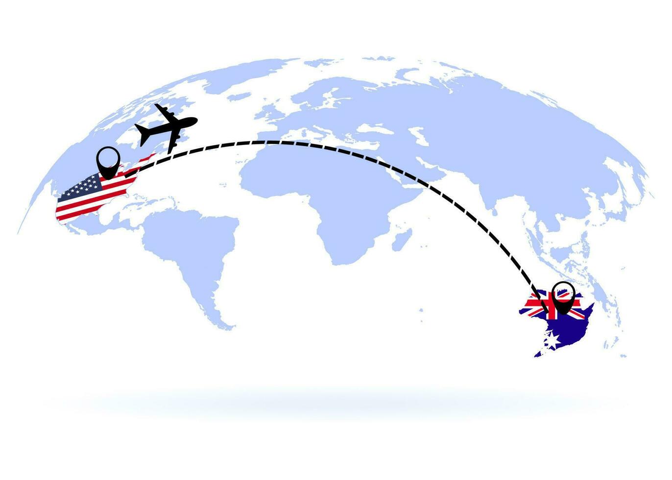 Flight from USA to Australia above world map. Airplane arrives to Australia. The world map. Airplane line path. Vector illustration. EPS 10