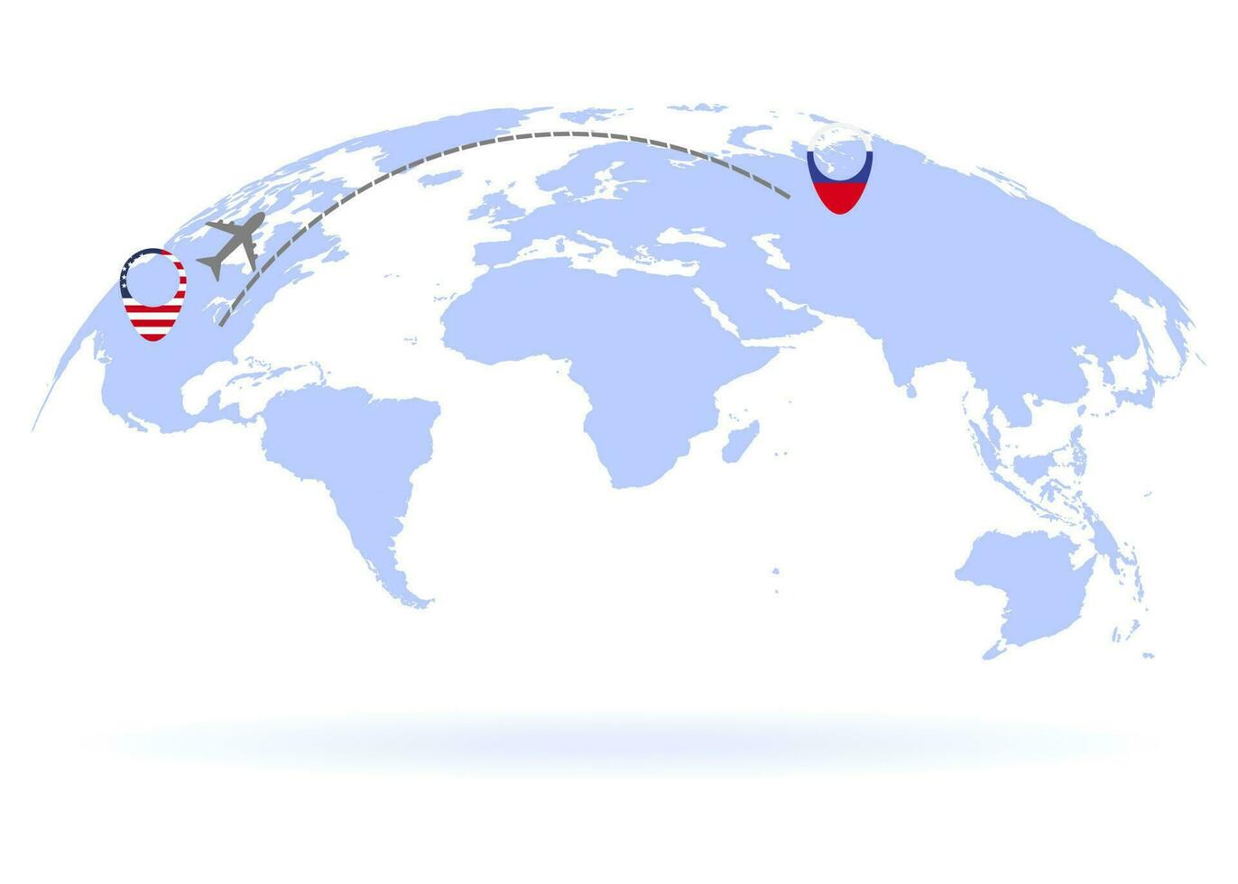 Flight from USA to Russia above world map. Airplane arrives to Russia. The world map. Airplane line path. Vector illustration. EPS 10