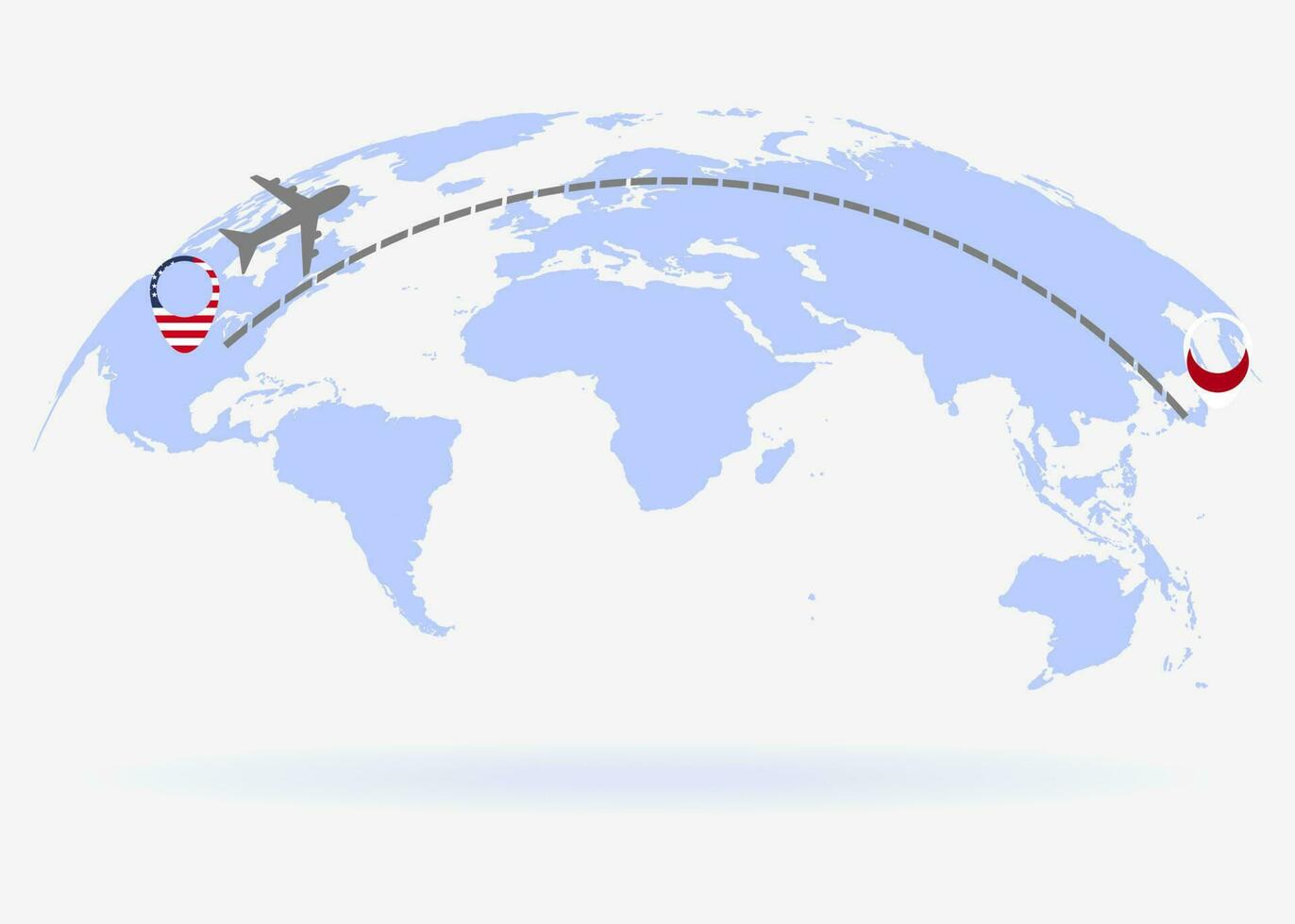 Flight from USA to Japan above world map. Airplane arrives to Japan. The world map. Airplane line path. Vector illustration. EPS 10