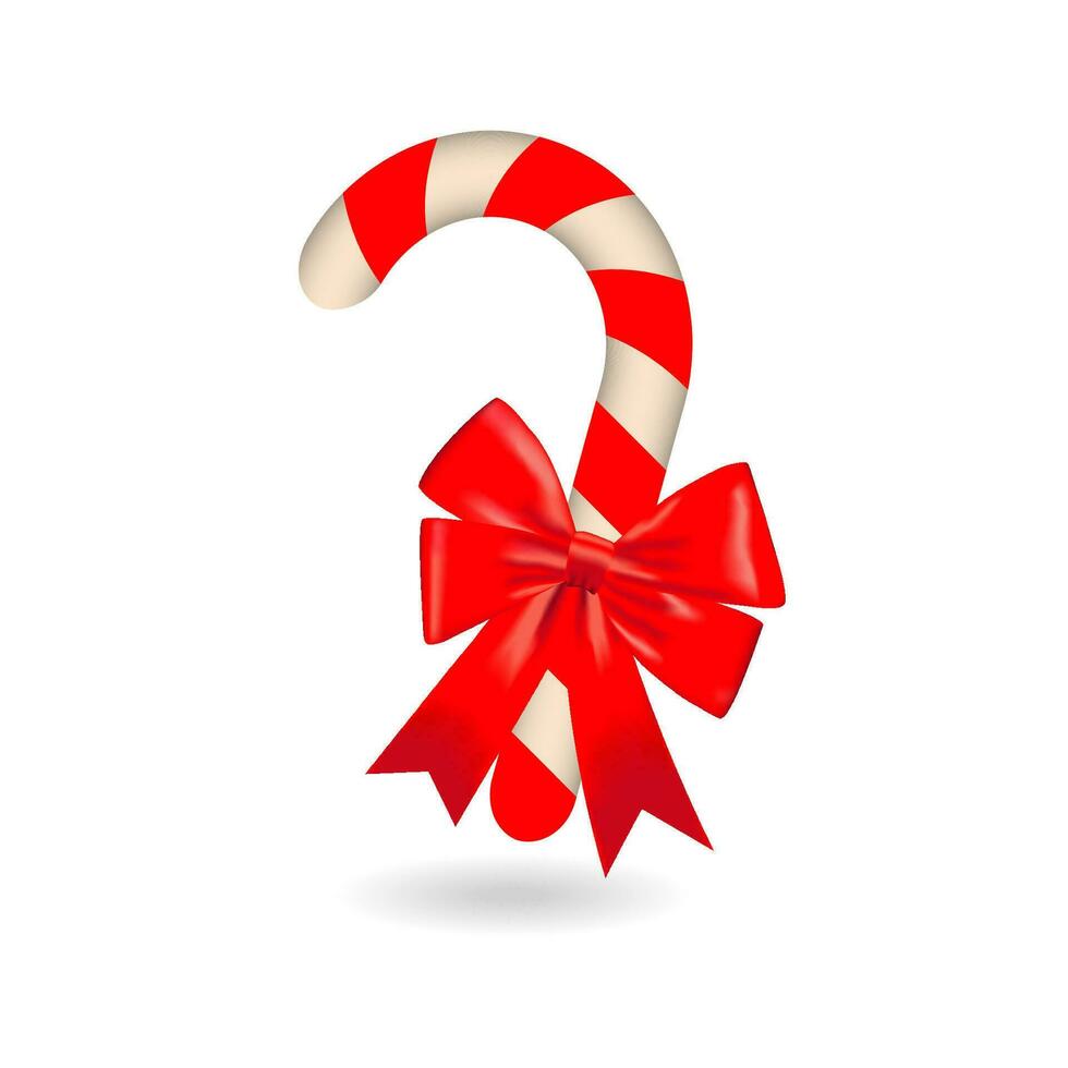 Navidad dulce, palo con cinta. caramelo caña con rojo y blanco rayas. caramelo corazón diseño. saludo tarjeta. blanco antecedentes. vector ilustración