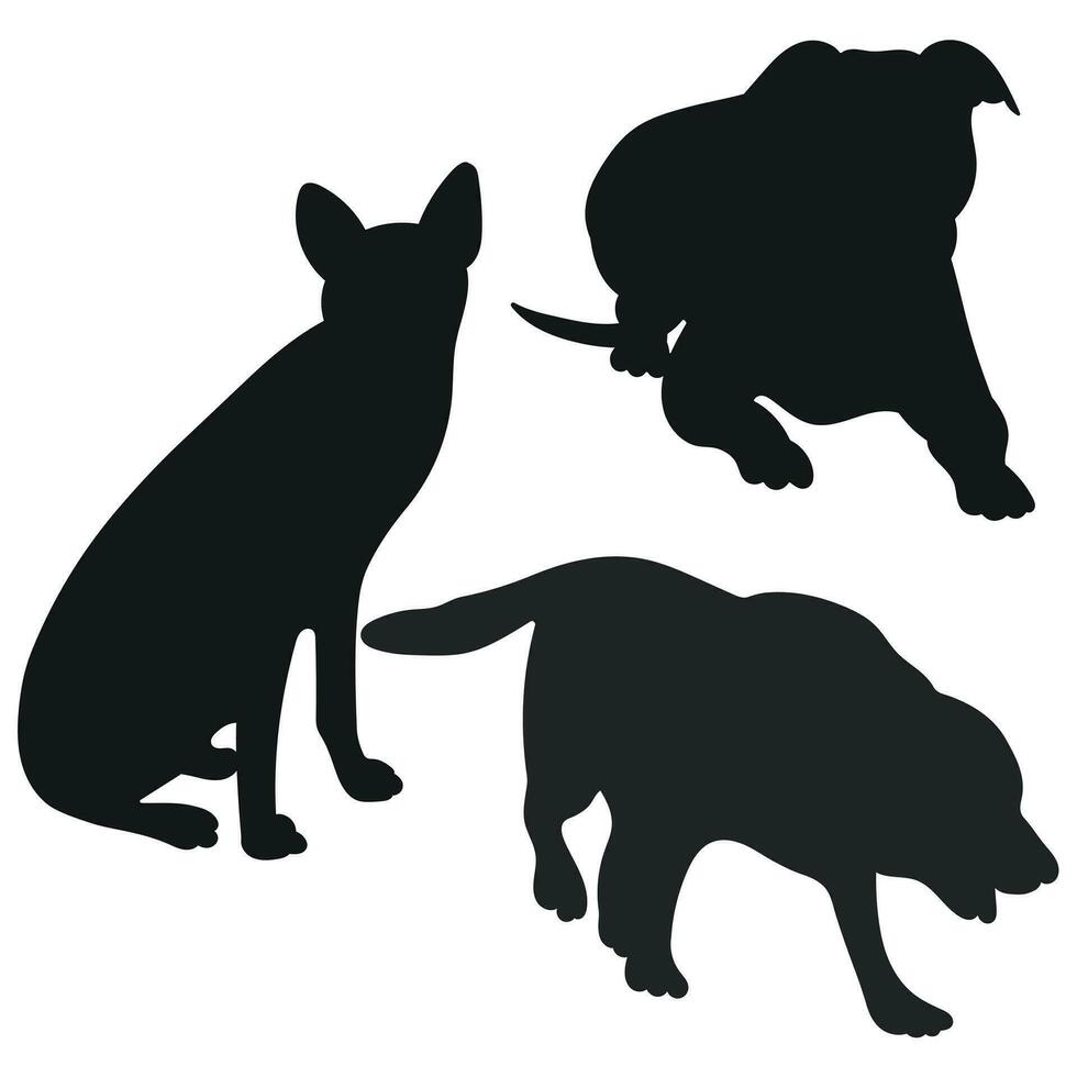 Sketch image of black silhouette dogs, outline of pets. Go, standing, sitting, lying, lie, running, jumping, training, walking, guarding, posing, play, showing vector