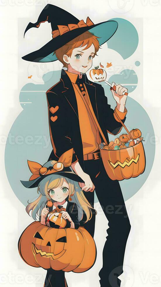 A Spooky Sibling Adventure Preparing for Halloween in Anime Style With Simple Background photo
