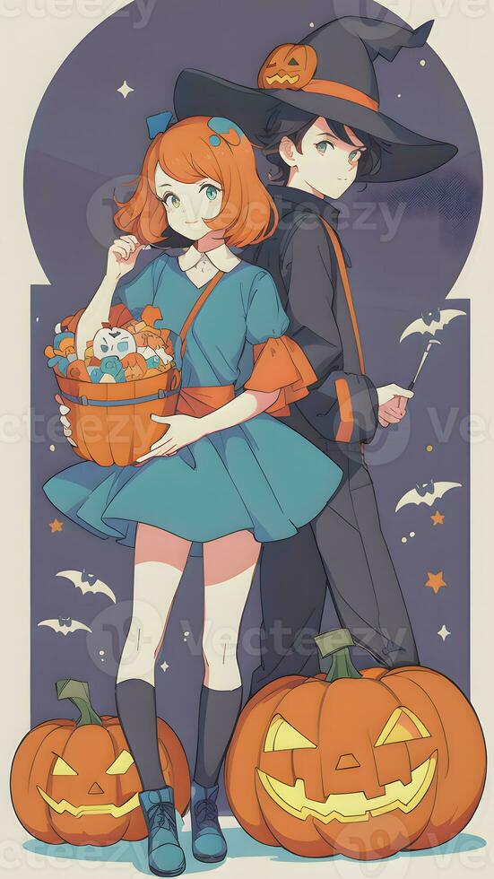 A Spooky Sibling Adventure Preparing for Halloween in Anime Style With Simple Background photo