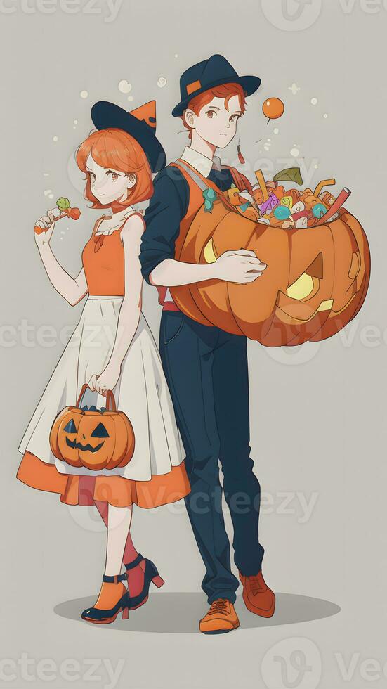 A Spooky Sibling Adventure Preparing for Halloween in Anime Style With Simple Background photo