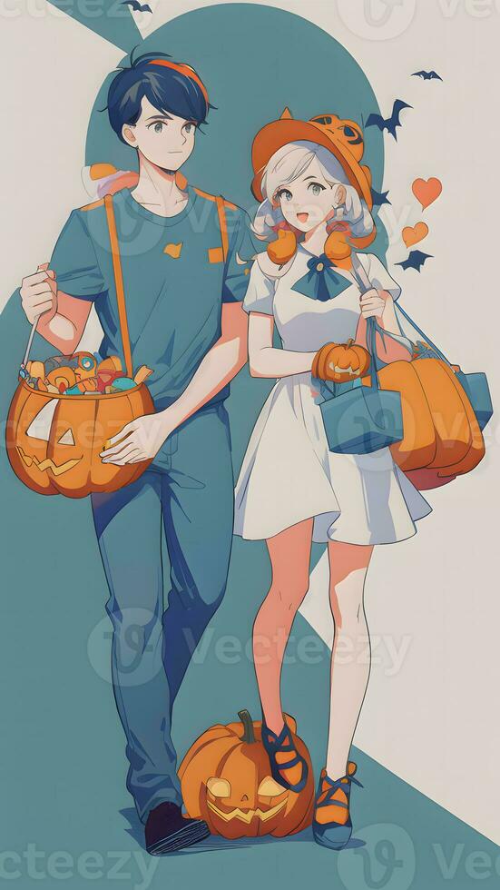 A Spooky Sibling Adventure Preparing for Halloween in Anime Style With Simple Background photo