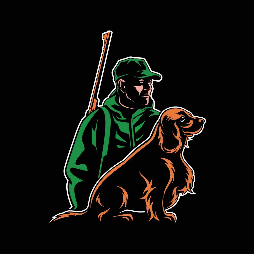 Shooting man Silhouette Vector, Retro Logo, Vintage, dog Head, Minimalism, dog Art, Outdoor Logo, Dog Illustration, Hunting, Cocker Spaniel, Rifle vector