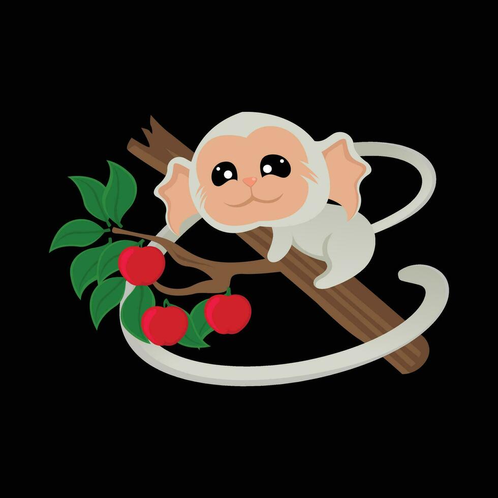 vector illustration of cute monkey, tree, leaf, apple, climbing