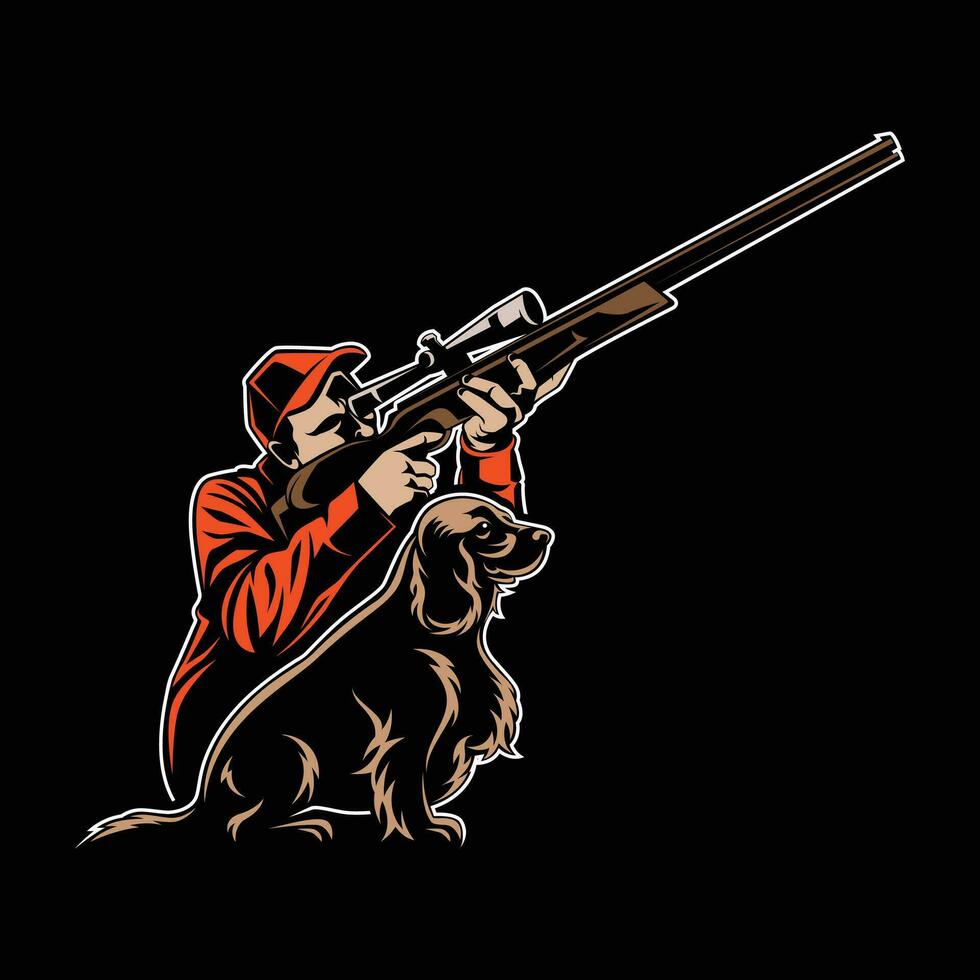 Shooting man Silhouette Vector, Retro Logo, Vintage, dog Head, Minimalism, dog Art, Outdoor Logo, Dog Illustration, Hunting, Cocker Spaniel, Rifle vector