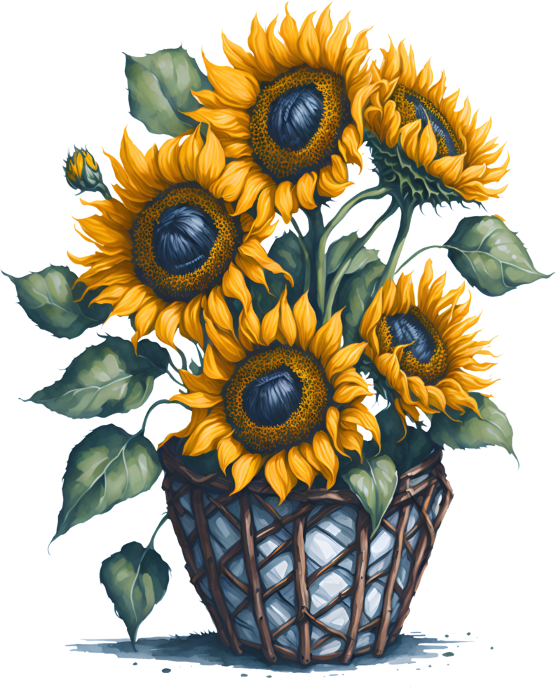 A painting of a bouquet of sunflowers in a basket. AI-Generated. png
