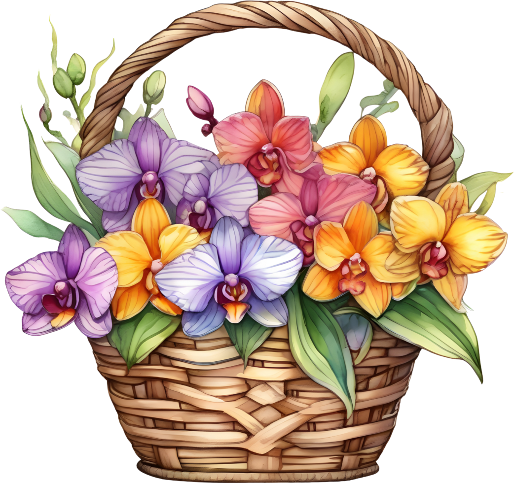 A painting of an Orchid bouquet in a basket. AI-Generated. png