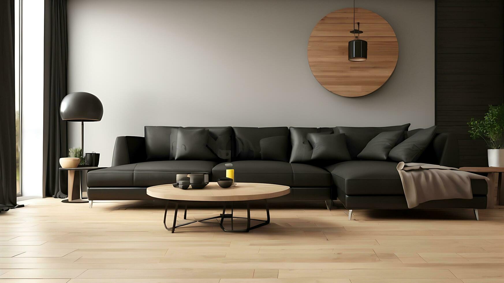 Modern interior with black sofa and parquet floor 3d rendering photo
