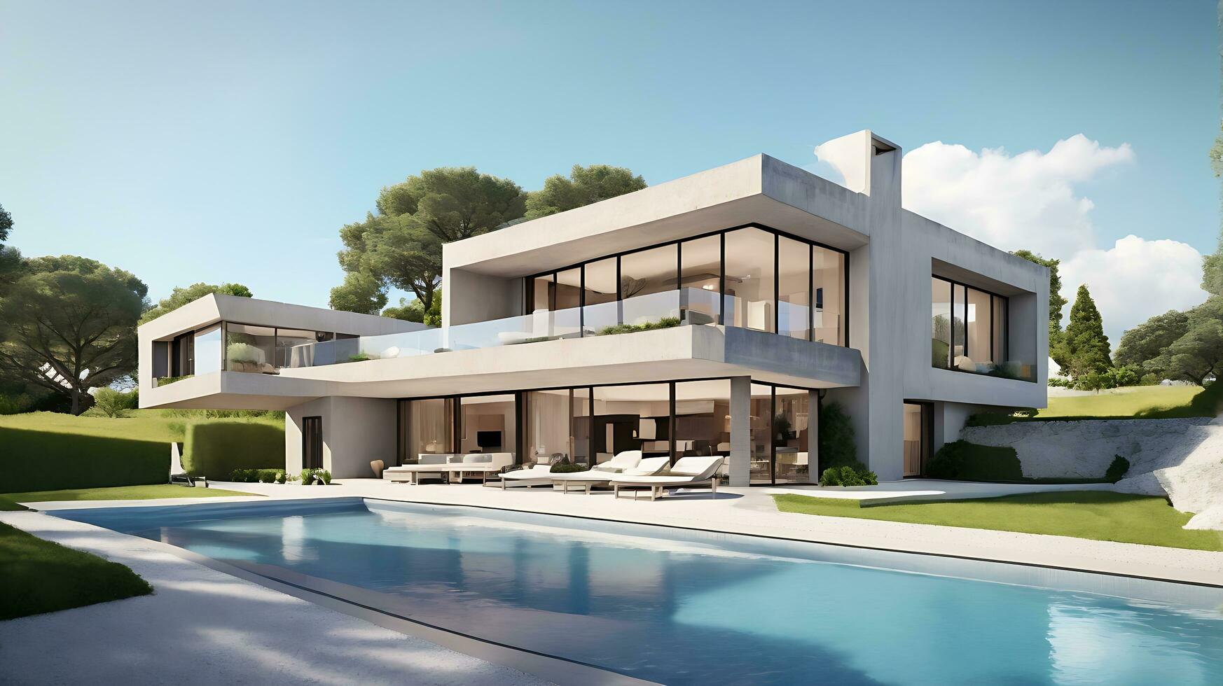 3d rendering of an impressive contemporary villa in exposed cement with garden and pool photo