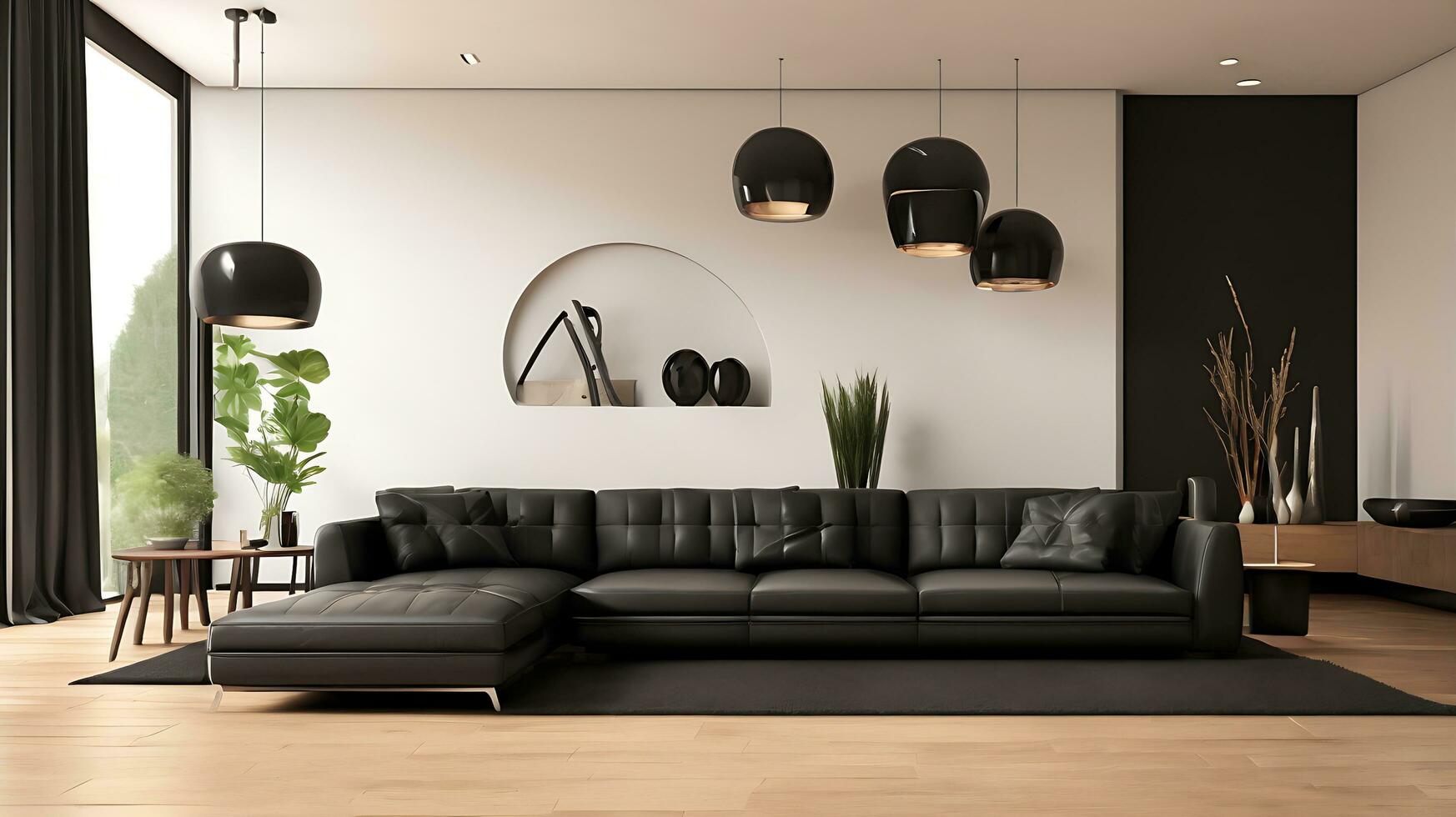 Modern interior with black sofa and parquet floor 3d rendering photo