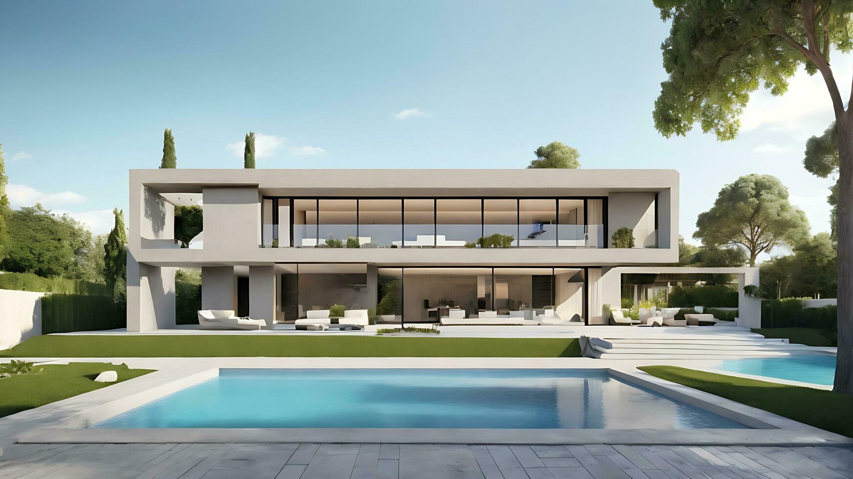3d rendering of an impressive contemporary villa in exposed cement with garden and pool photo