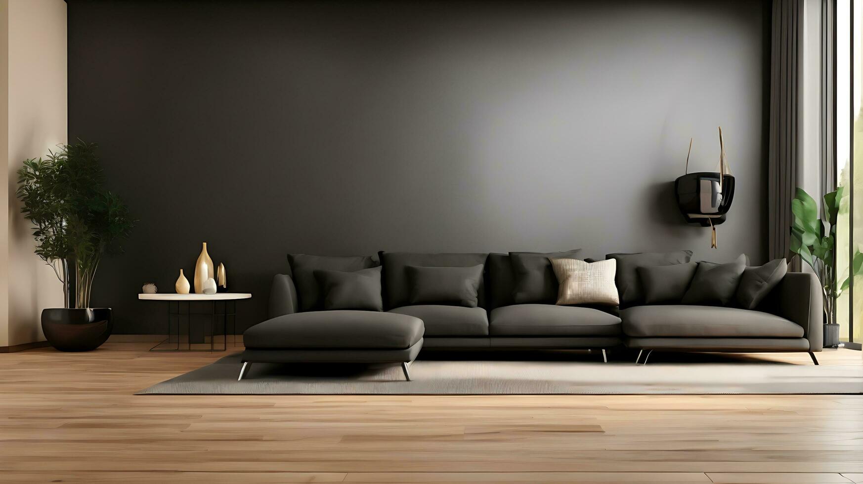 Modern interior with black sofa and parquet floor 3d rendering photo