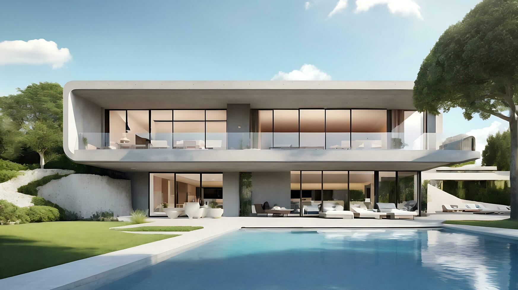 3d rendering of an impressive contemporary villa in exposed cement with garden and pool photo