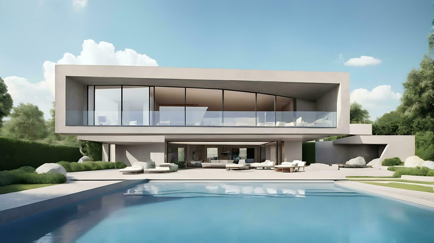 3d rendering of an impressive contemporary villa in exposed cement with garden and pool photo