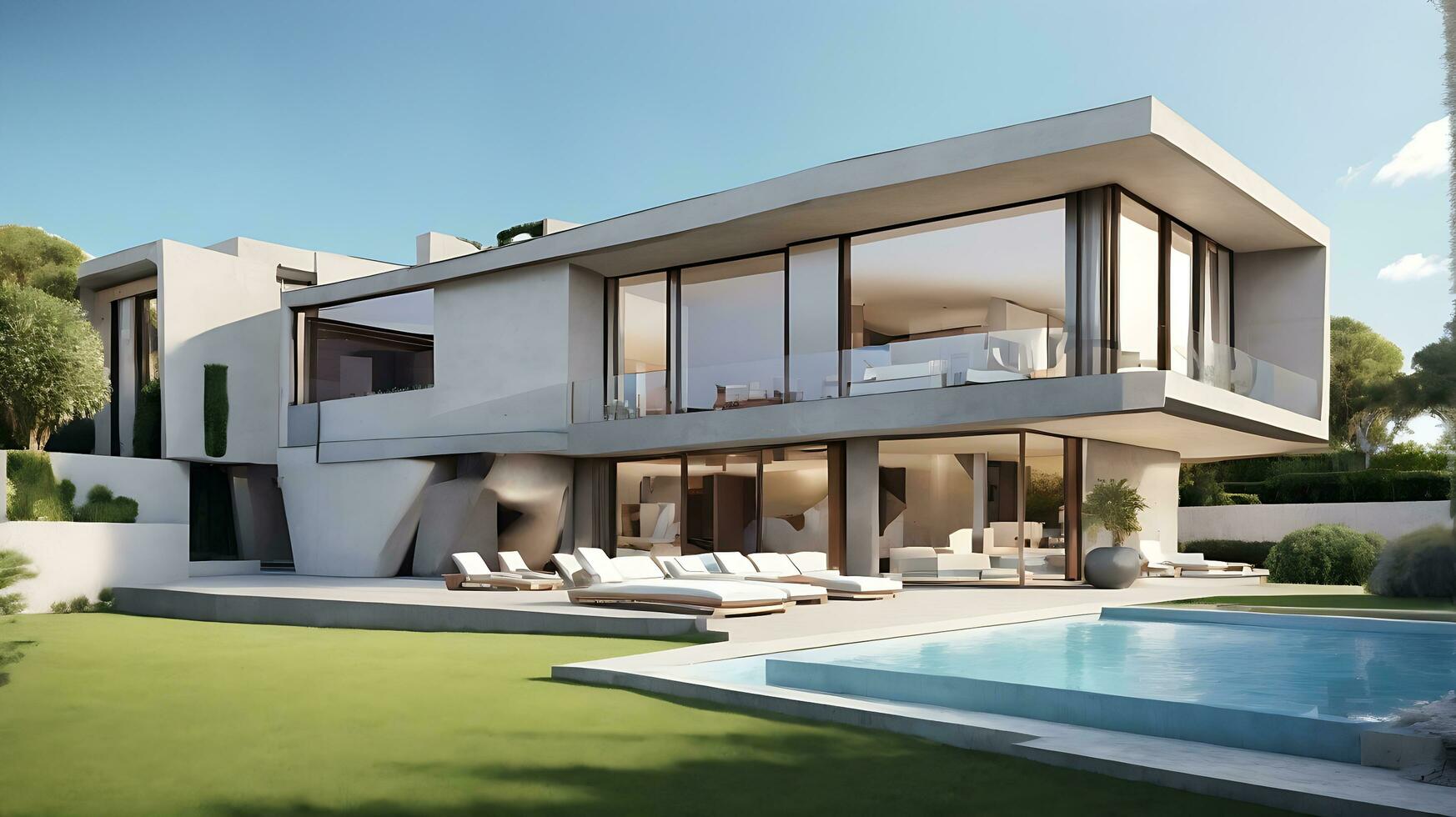 3d rendering of an impressive contemporary villa in exposed cement with garden and pool photo