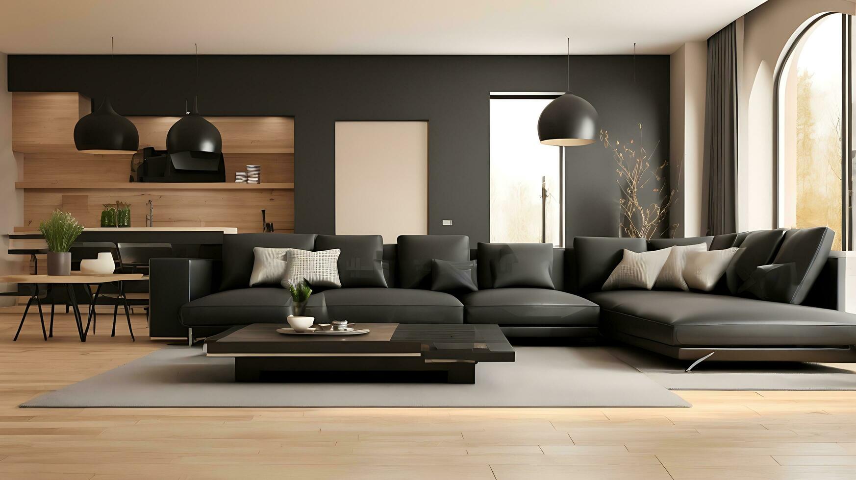 Modern interior with black sofa and parquet floor 3d rendering photo