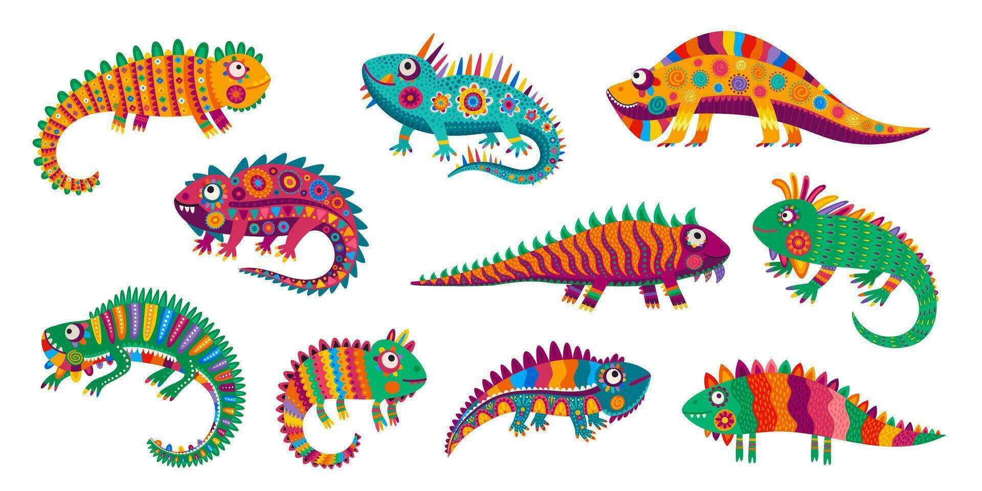 Cartoon Mexican iguana lizard characters, reptiles vector