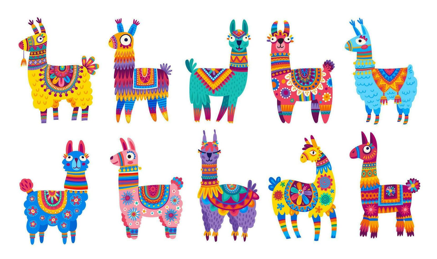 Cartoon llama and alpaca ornate characters vector