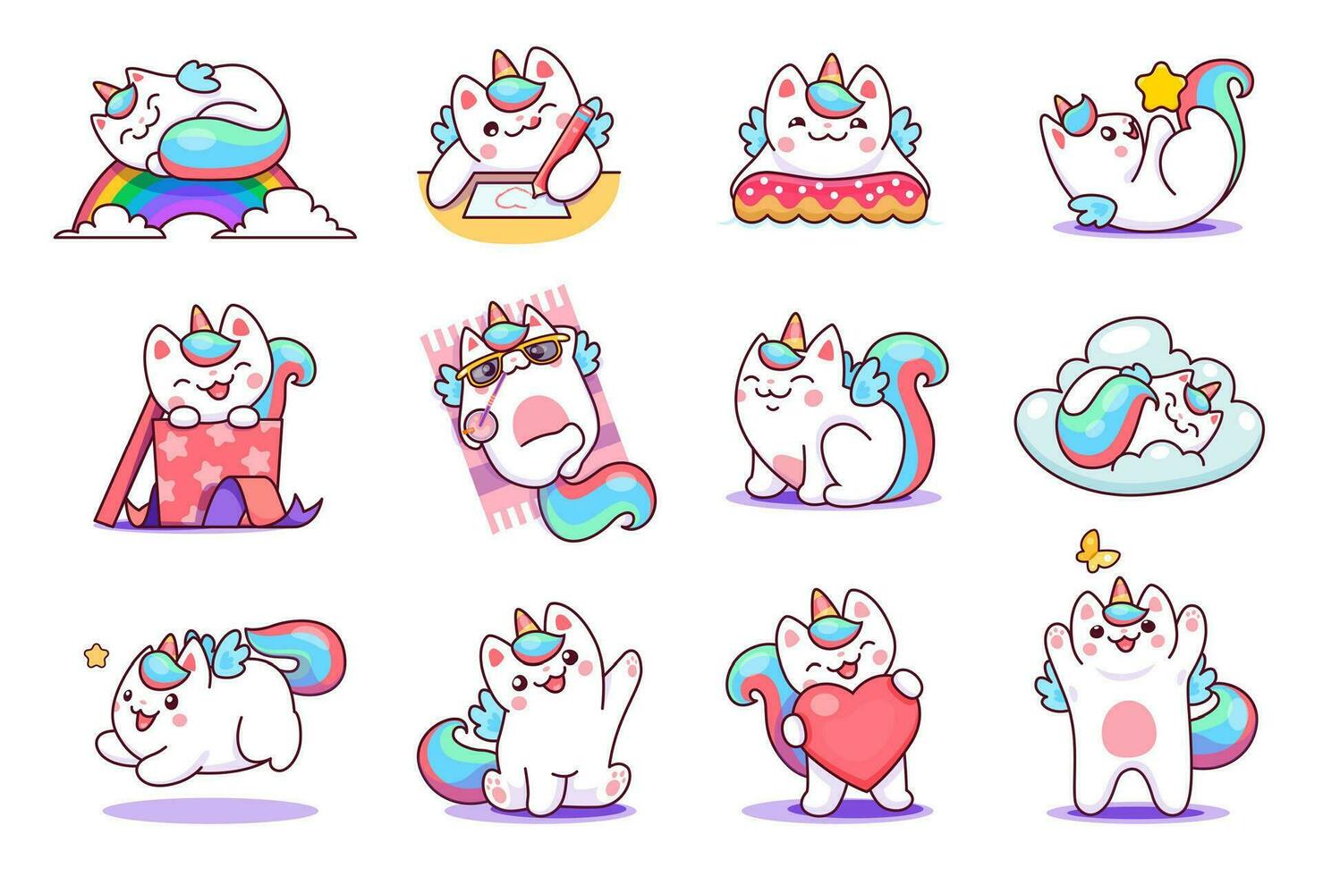 Caticorn characters, funny kitten cat unicorns vector