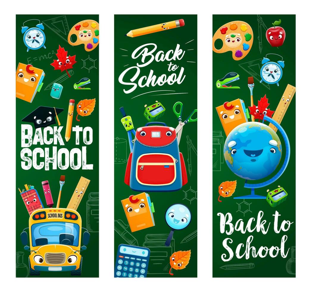 Back to school, education stationery characters vector
