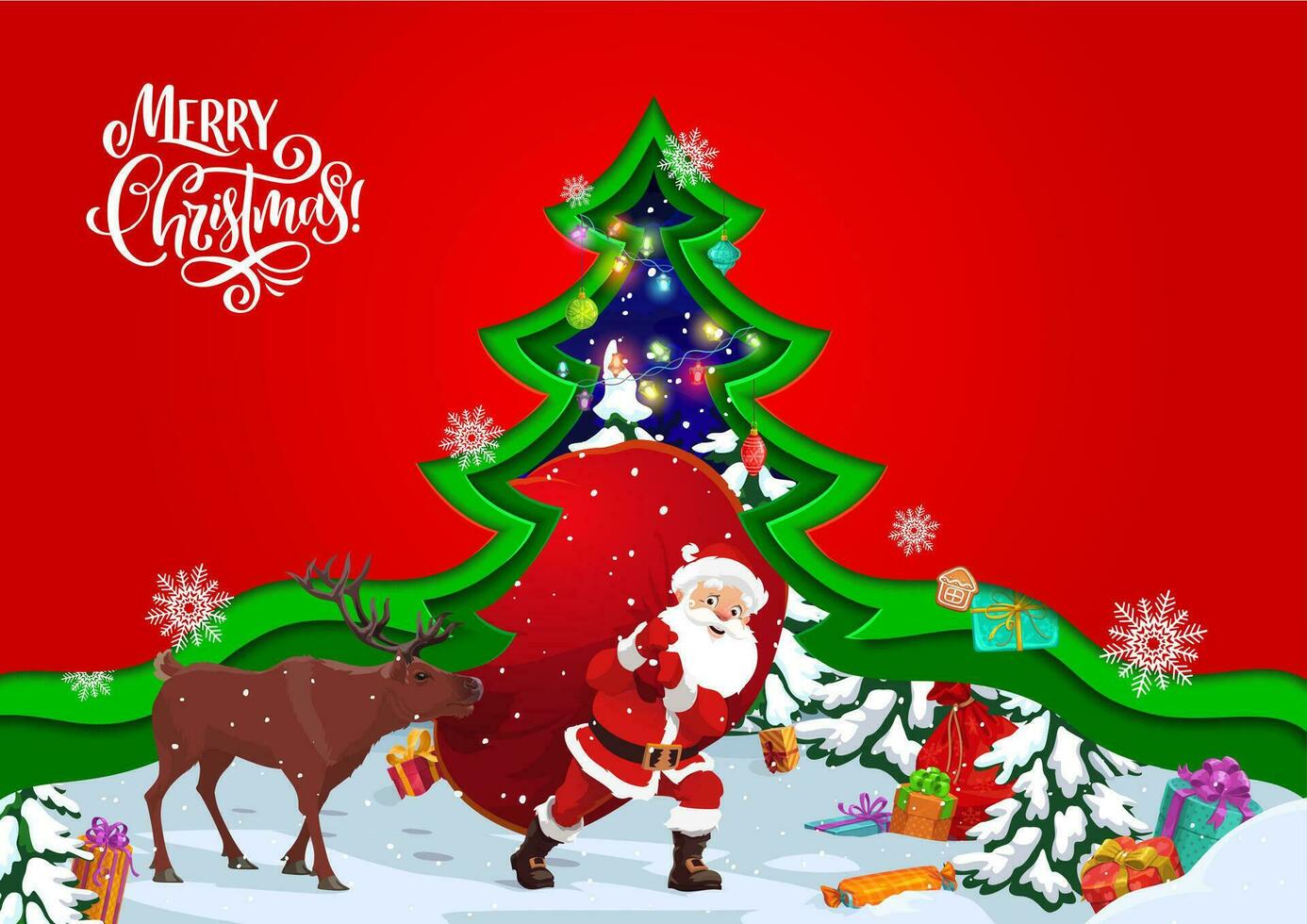 Christmas paper cut pine tree, santa and presents vector