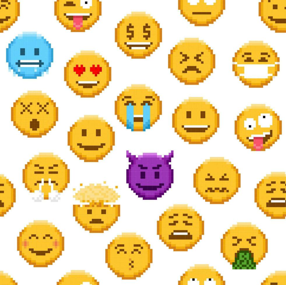 Pixel emoji seamless pattern, 8 bit background vector