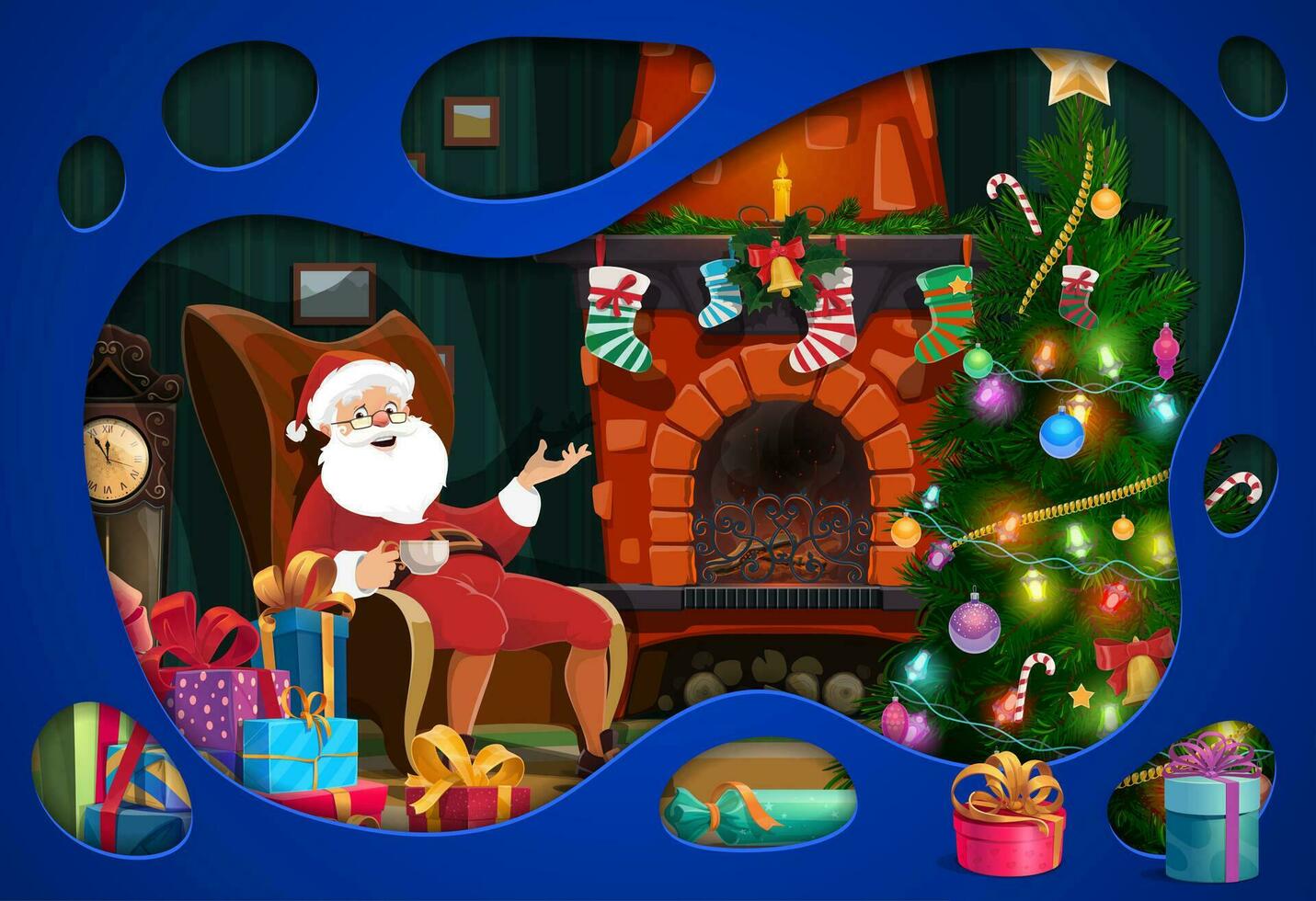 Cartoon paper cut banner with Santa near fireplace vector
