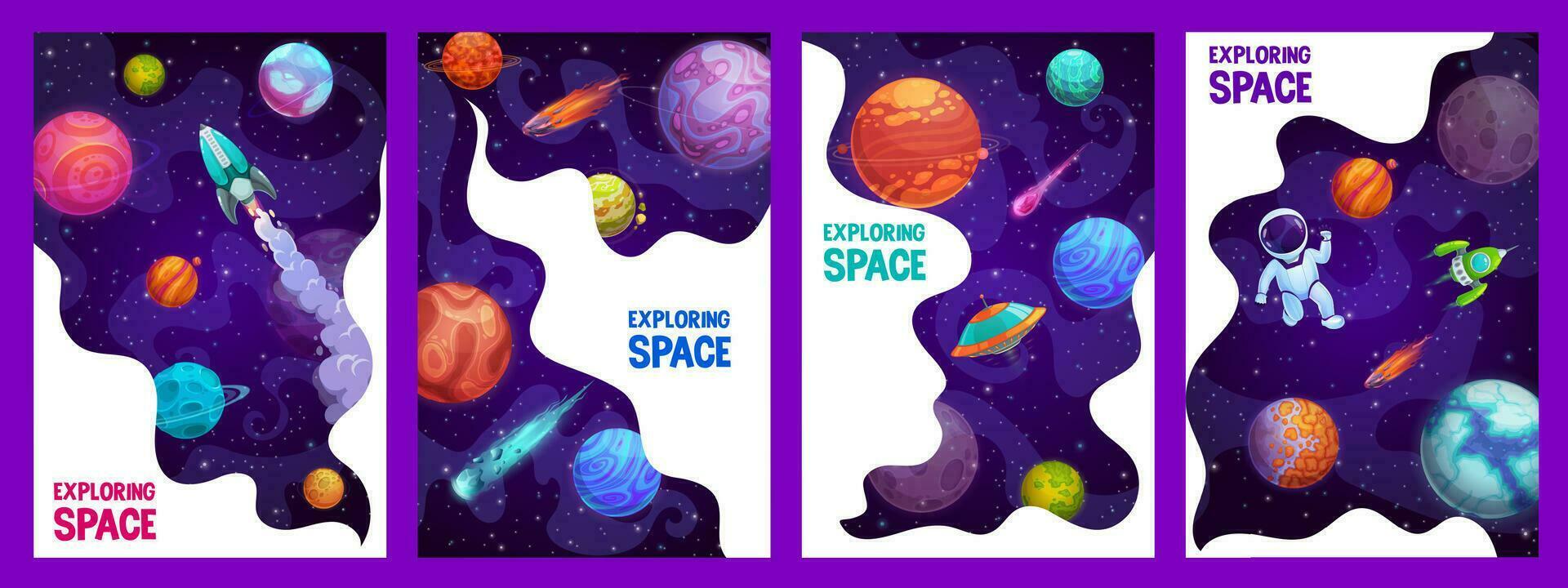 Cartoon space posters, rocket, astronaut spaceship vector