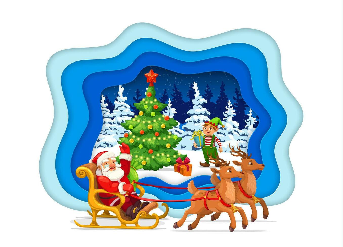 Cartoon Santa on sleigh with deers, elf and tree vector