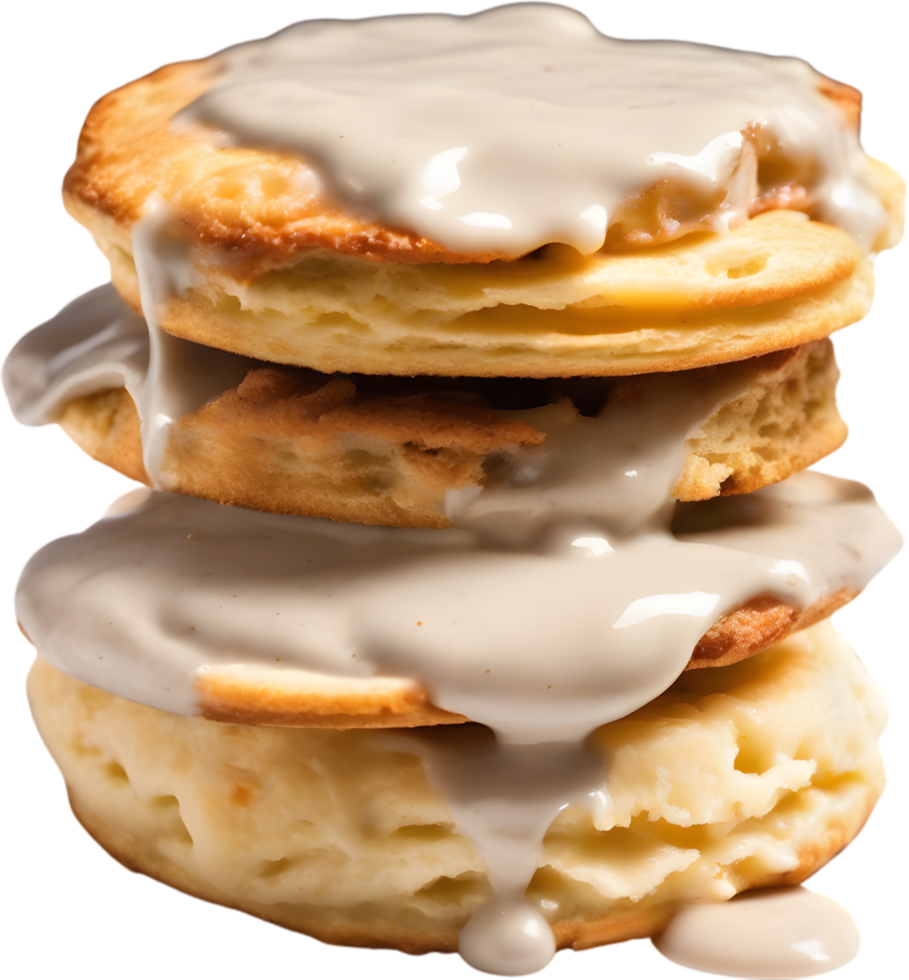 Image of Delicious-looking Biscuits and gravy. AI-Generated. png