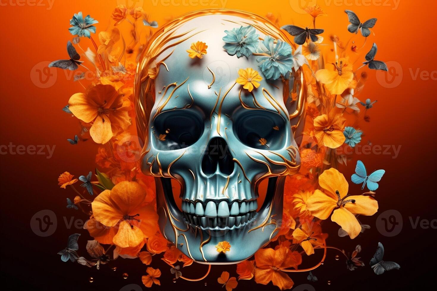 AI Generated Skeleton rose horror human halloween decoration symbol gothic flowers art tattoo background illustration bone floral design head skull dead black vintage death photo