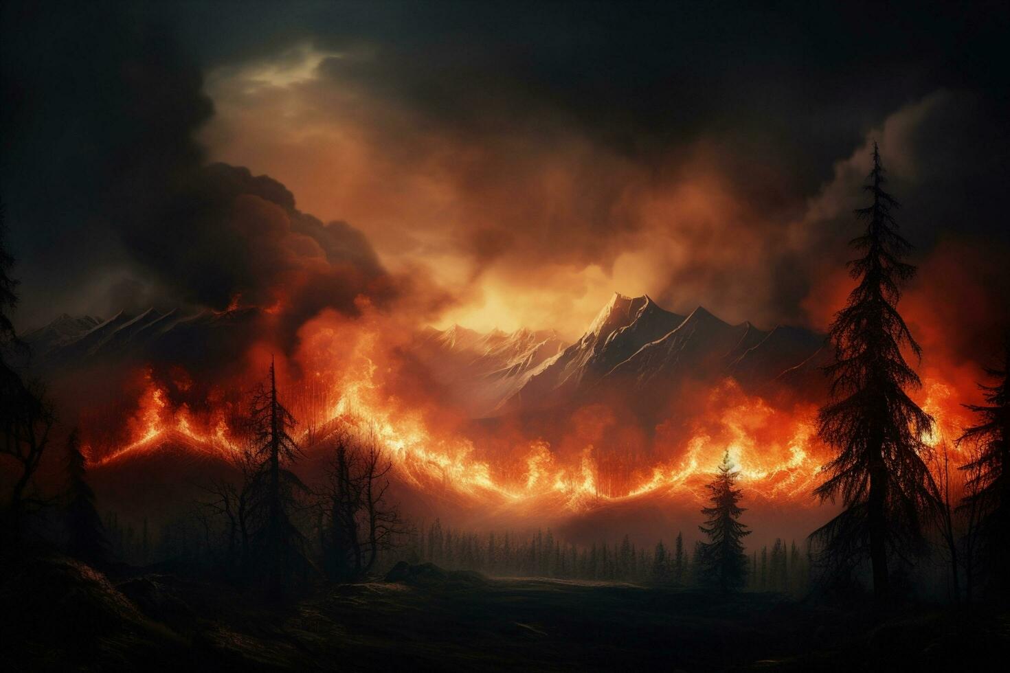 AI Generated Wildfire smoke disaster dangerous black trees orange fire environment red hot burning nature outdoors forest wood heat flames destruction mountain burnt emergency photo