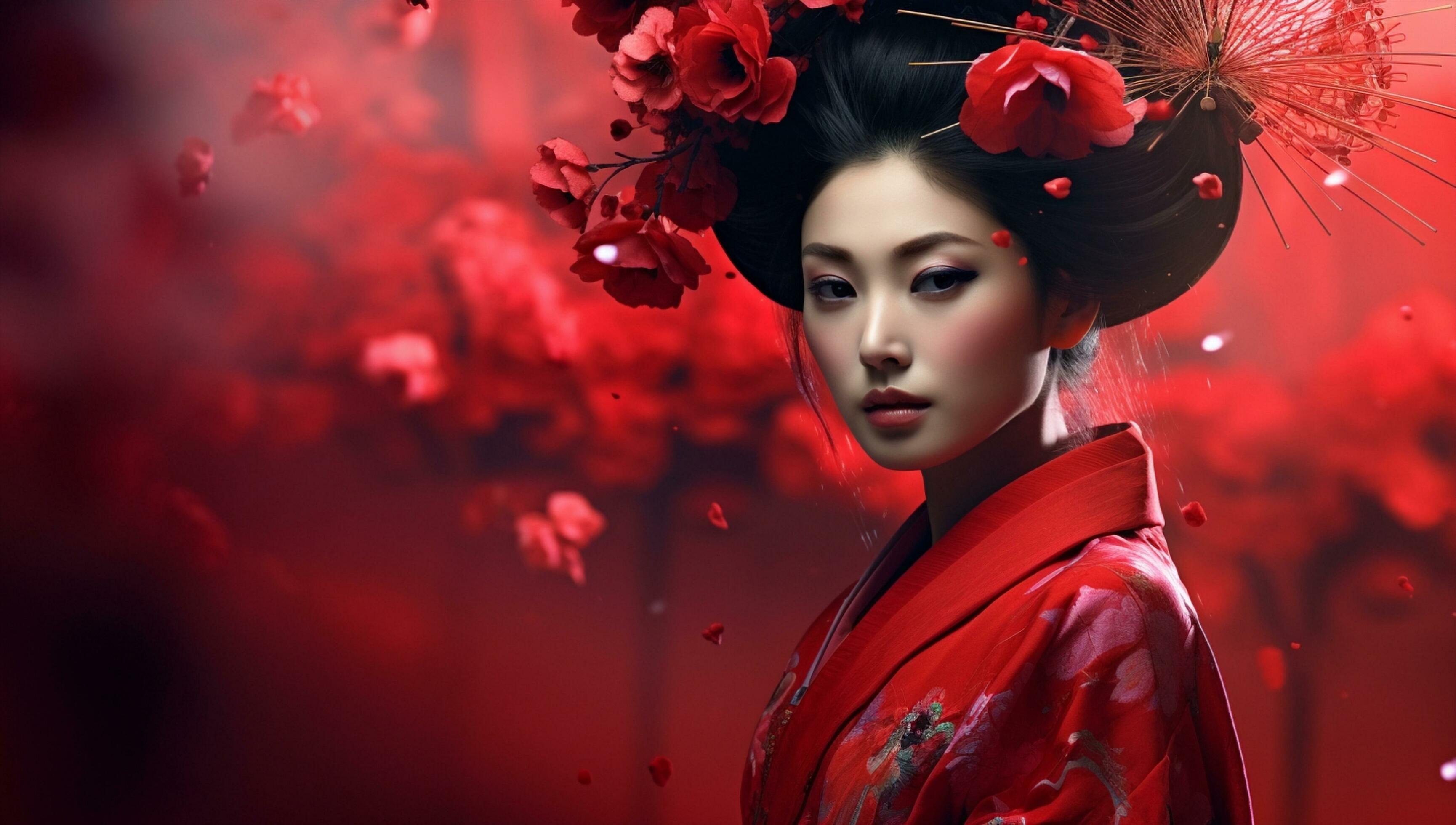 AI Generated Culture style fashion tradition costume china beauty oriental  exotic white face portrait black kimono makeup women japanese red asia  asian female japan geisha pink 32318999 Stock Photo at Vecteezy