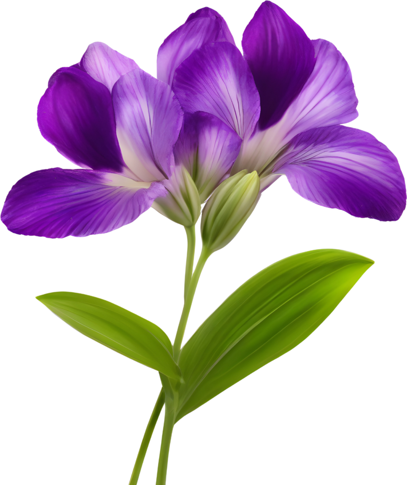 A painting of purple flowers with leaves. AI-Generated. png