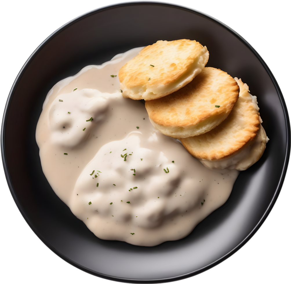 Image of Delicious-looking Biscuits and gravy. AI-Generated. png