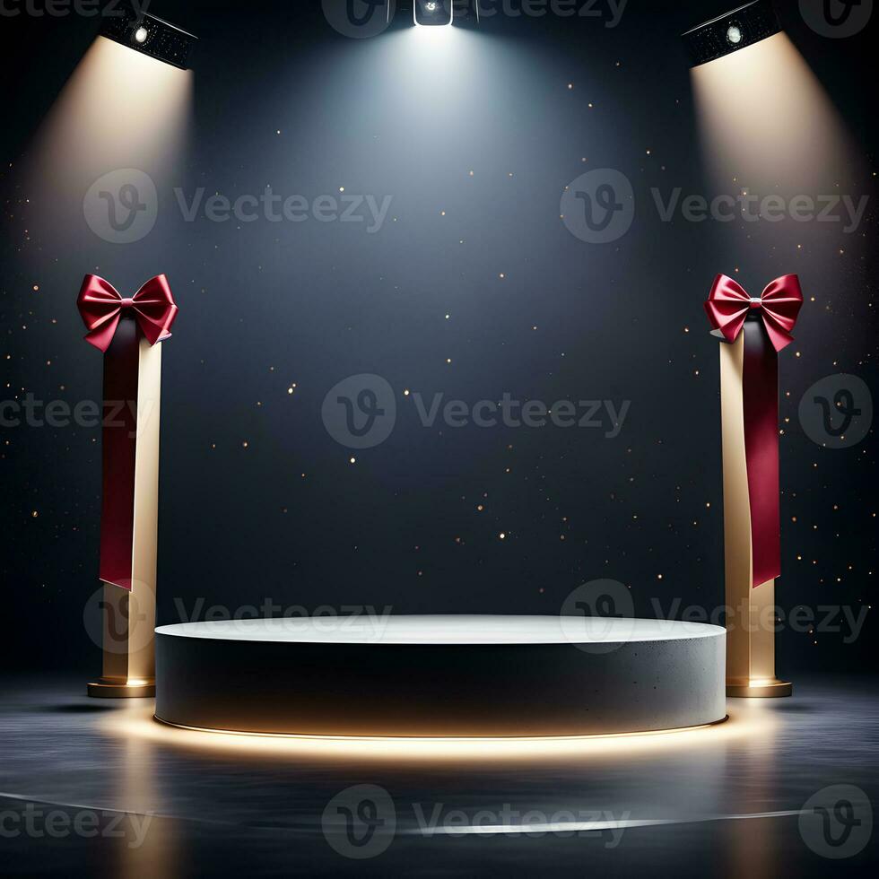 Concrete podium on dark scene with ribbon element for products presentation and spotlight effect. ai generative photo