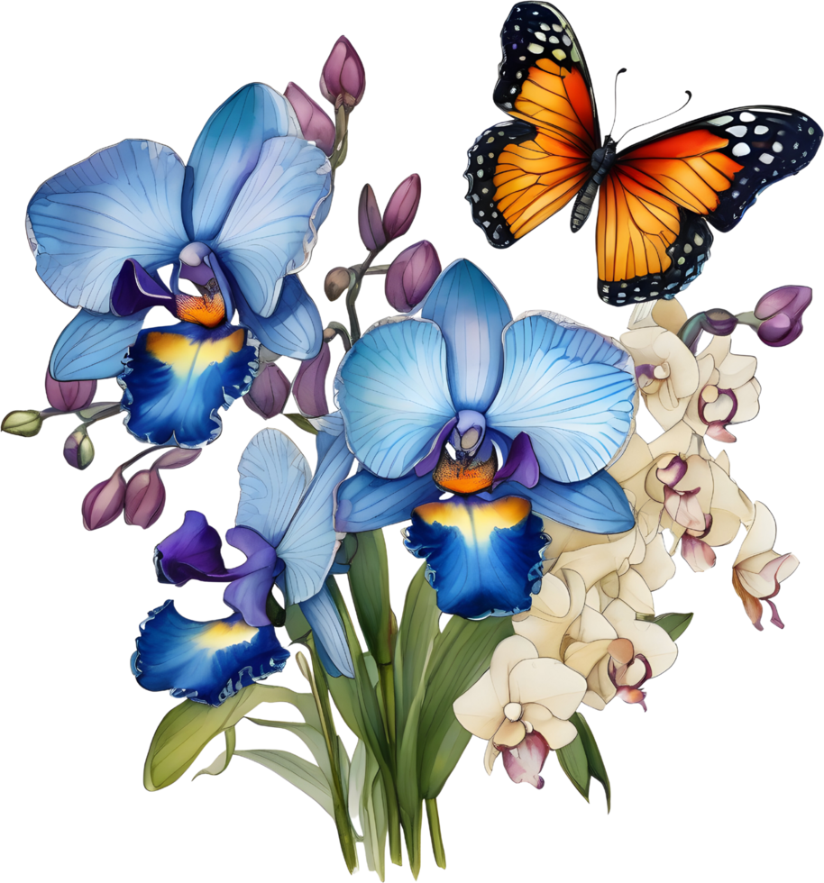 A painting of a bouquet of orchids and a butterfly. AI-Generated. png