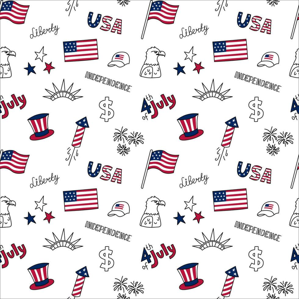 USA doodle elements seamless pattern. Vector 4th of July background with US symbols, American flag, eagle, hat. Repeating illustration