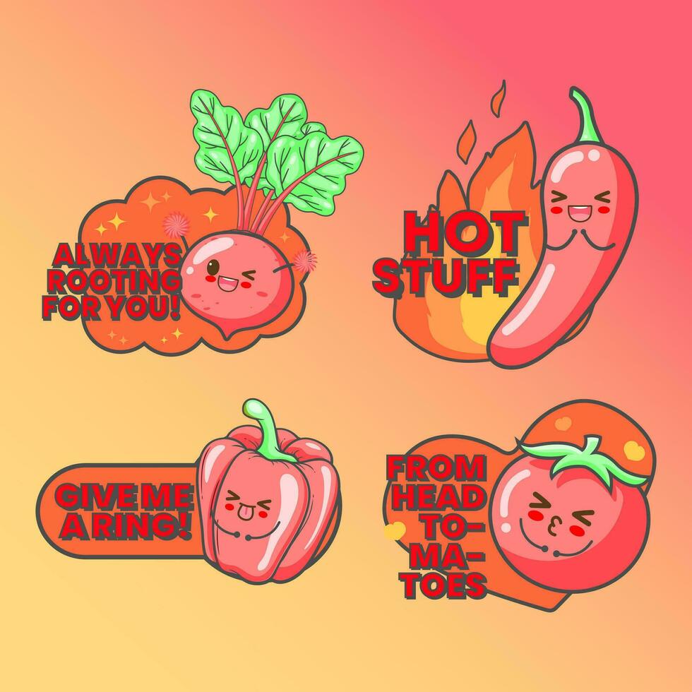 Vector Cute Vegetables Chili Beet Root Tomato BellPepper with Quotes Icon Stickerpack