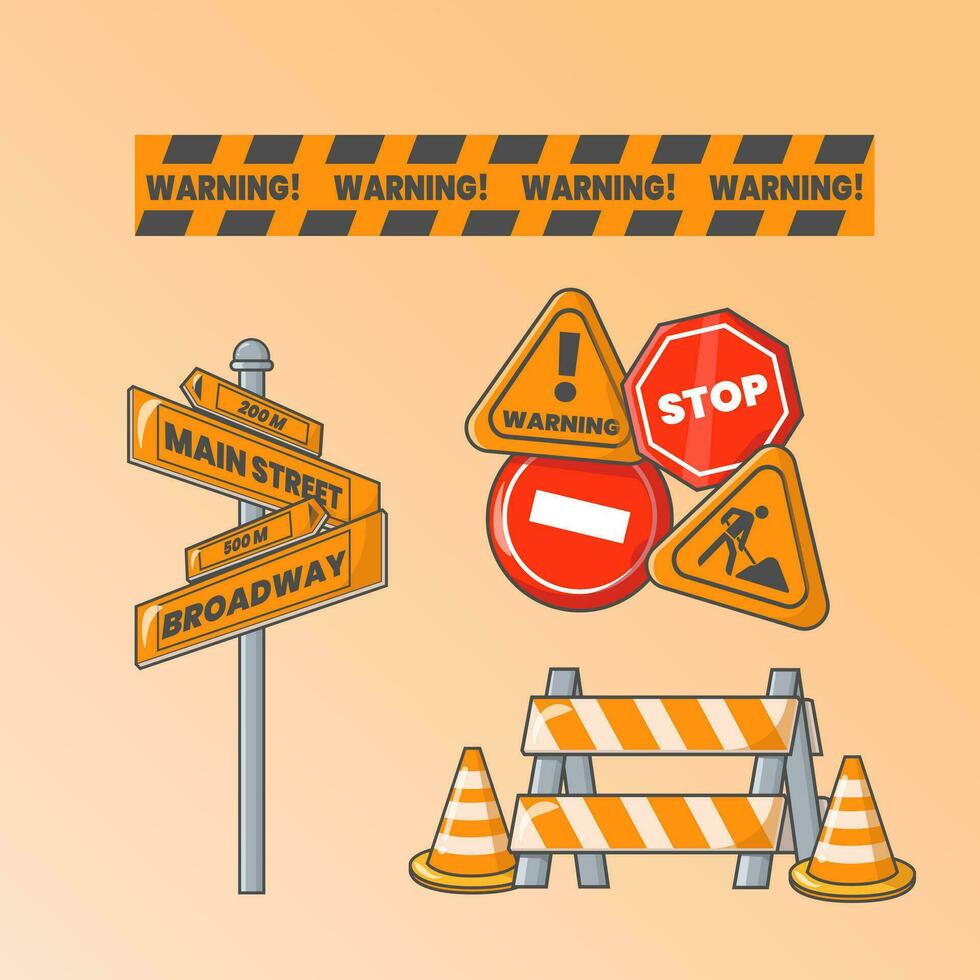 vector road barriers set. warning and stop signs, under construction boards, yellow tape and cone, road sign