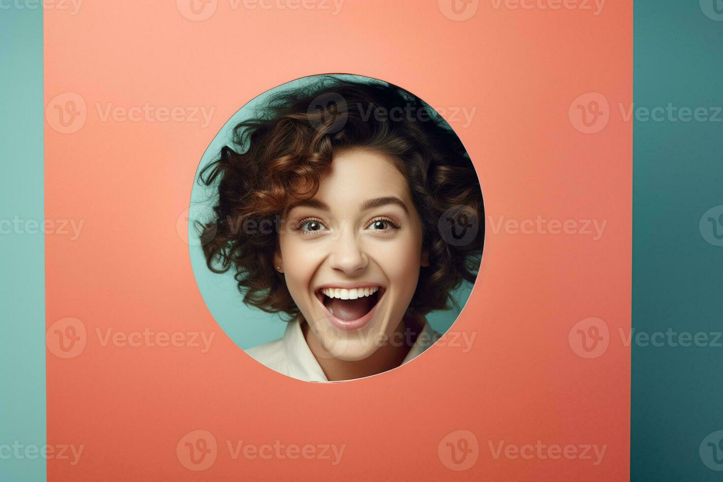 A woman or girl smiles against a pastel background with holes in advertising style photo