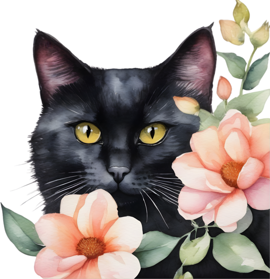 Flowers and black cat clipart for decoration in many projects. AI-Generated. png