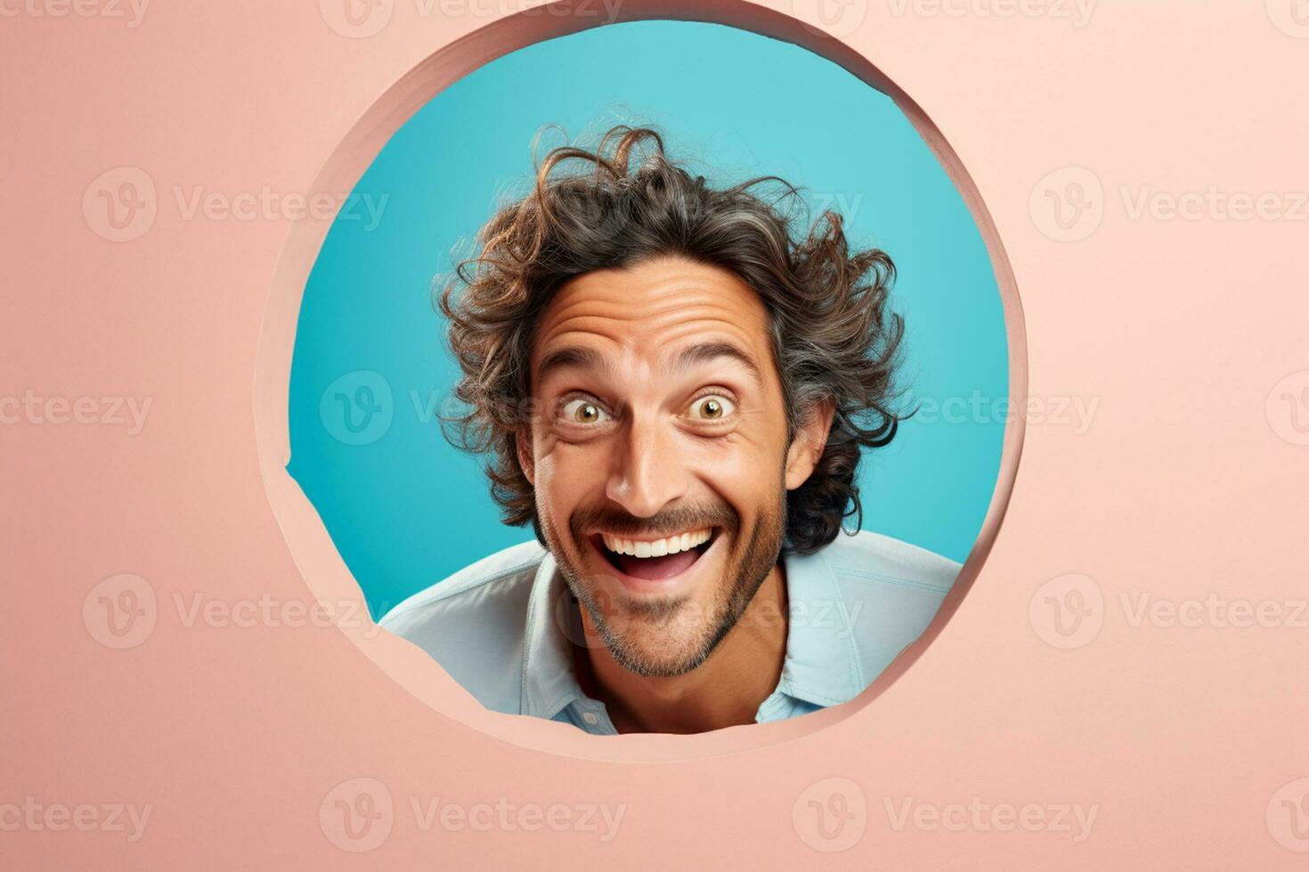 A man smiles against a pastel background with holes in advertising style photo