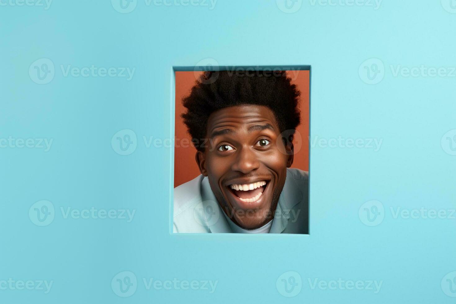 A man smiles against a pastel background with holes in advertising style photo
