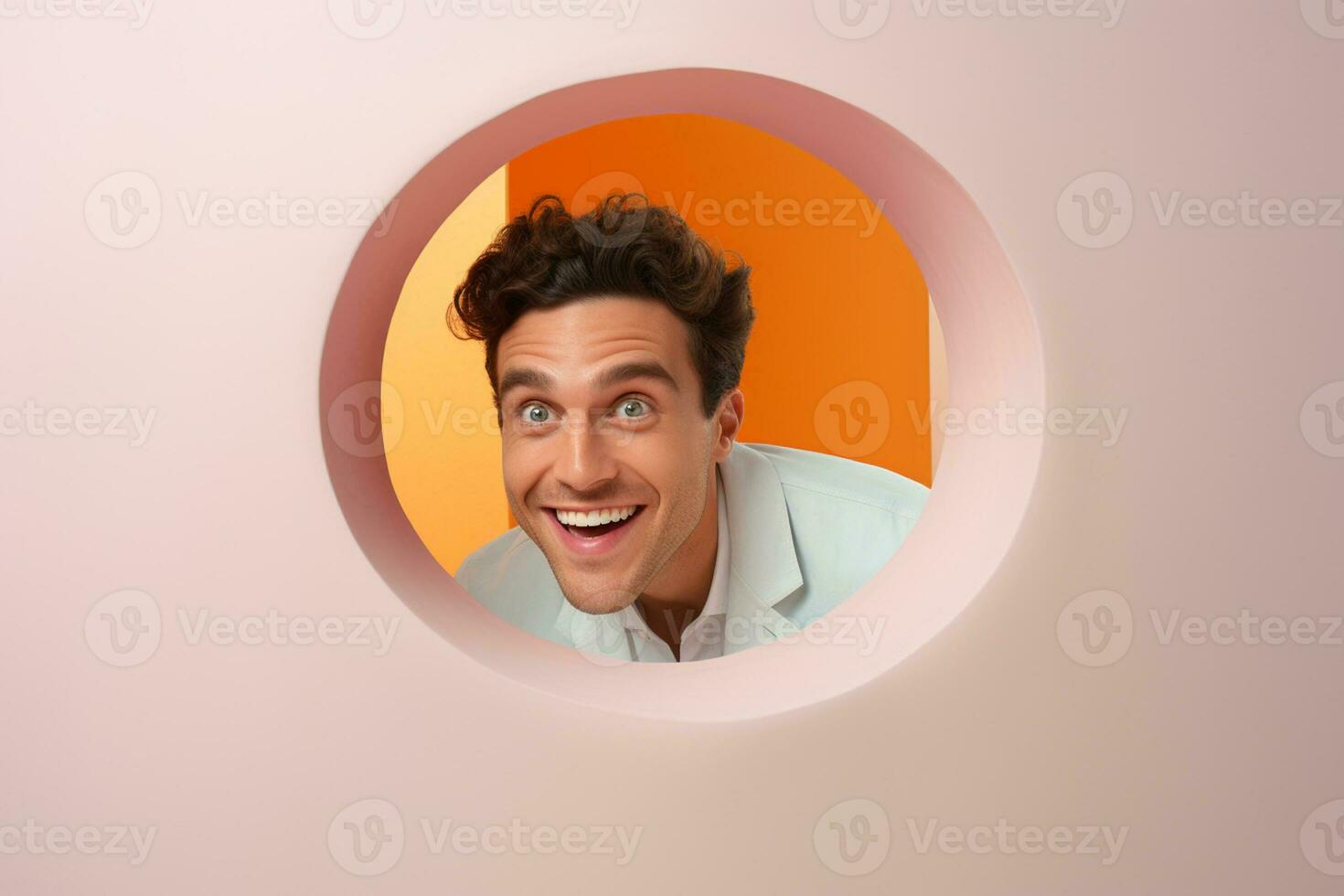 A man smiles against a pastel background with holes in advertising style photo