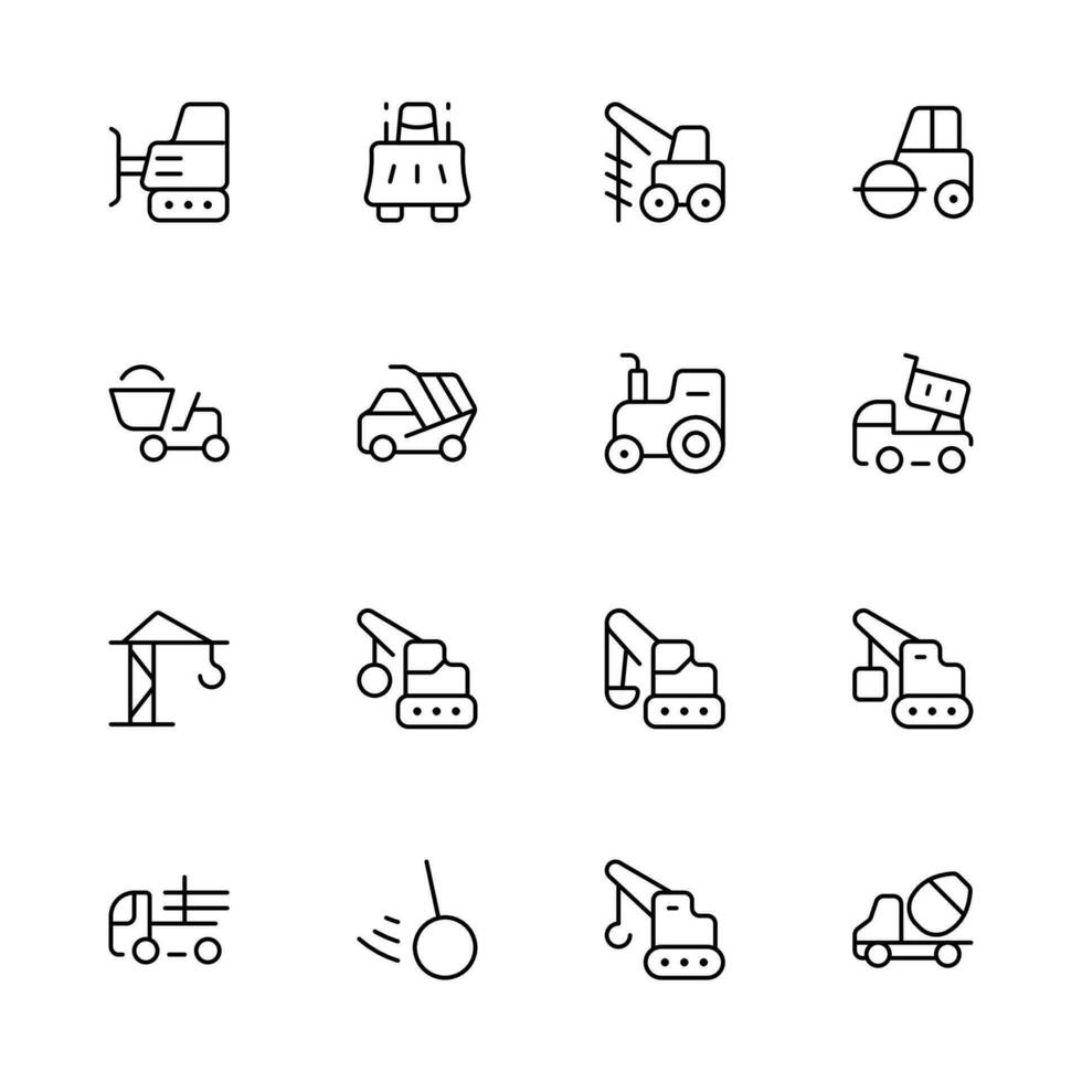 Heavy Machinery icon set. Set of special equipment, crawler excavator, trucks, vehicles, trailers, road construction machines, municipal machinery, tower crane, boom lift vector icons